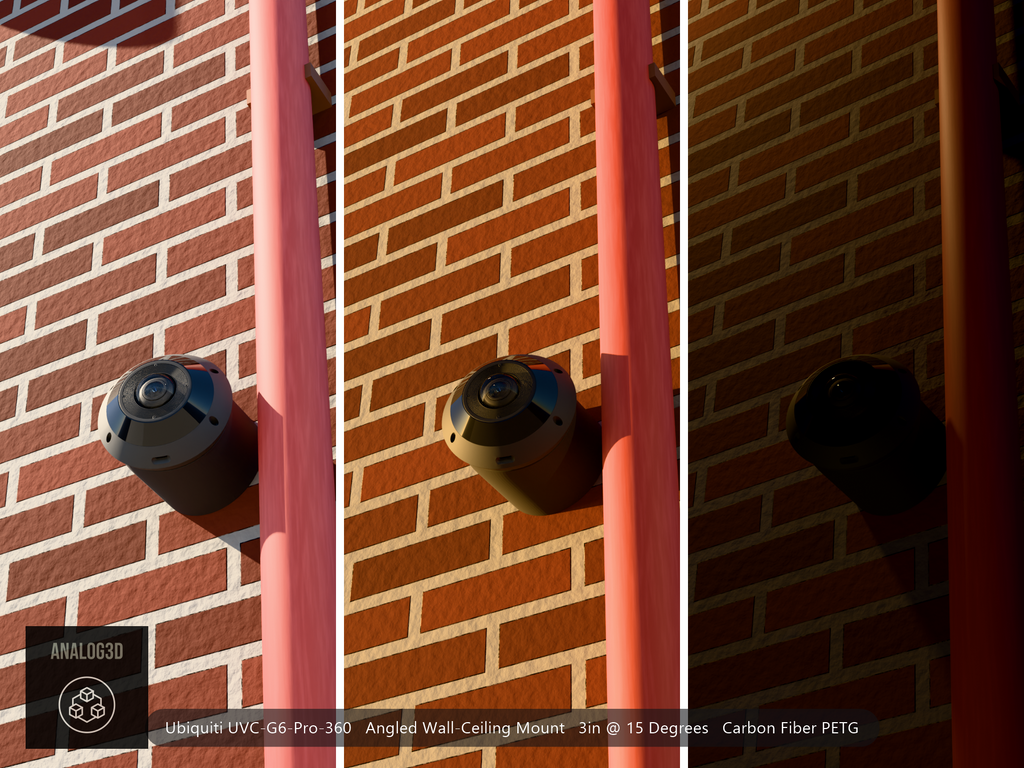UniFi G6 Pro 360 angled wall-ceiling mount - Carbon Fiber PETG - 3 in - brick wall with drain pipe, day / golden hour / night