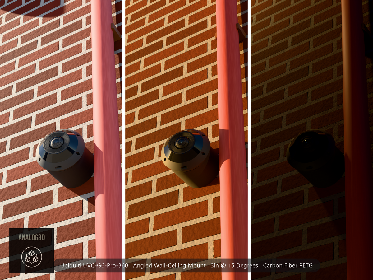 UniFi G6 Pro 360 angled wall-ceiling mount - Carbon Fiber PETG - 3 in - brick wall with drain pipe, day / golden hour / night