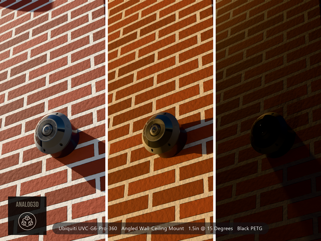 UniFi G6 Pro 360 angled wall-ceiling mount - Black PETG - 1.5 in - brick wall, camera aimed down, day / golden hour / night