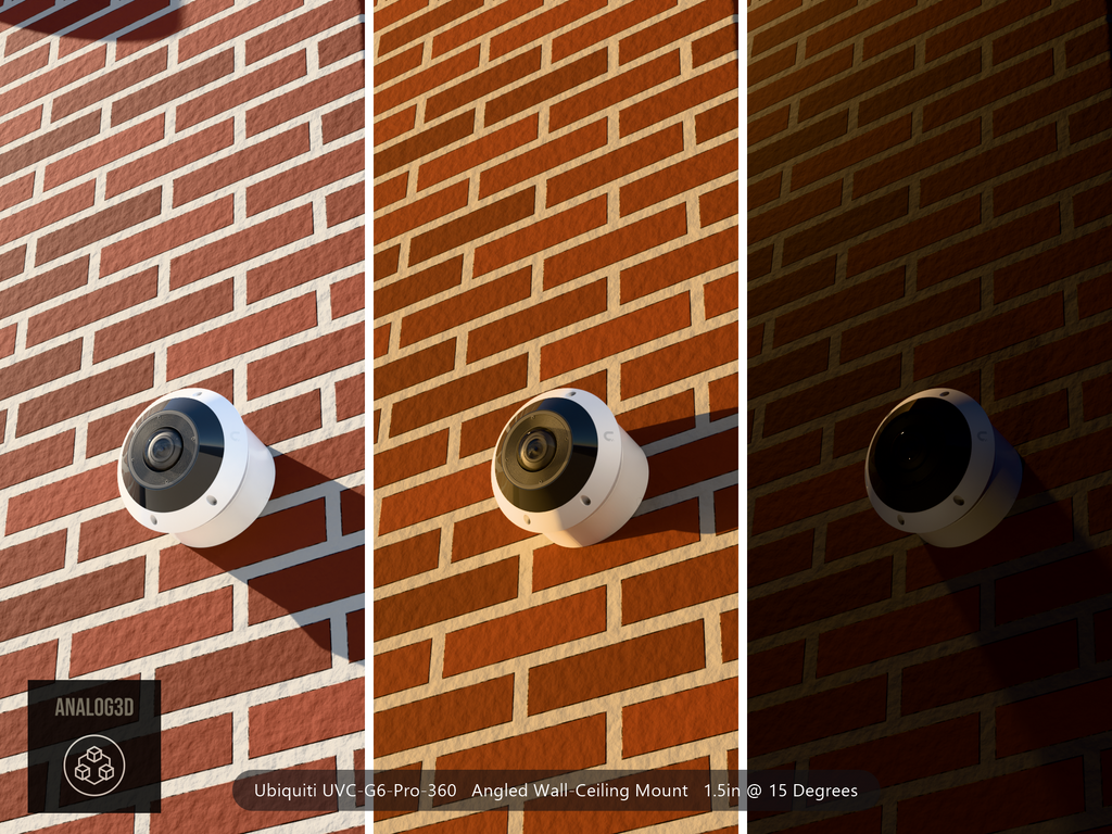 UniFi G6 Pro 360 angled wall-ceiling mount - White PETG - 1.5 in - brick wall, camera aimed down, day / golden hour / night