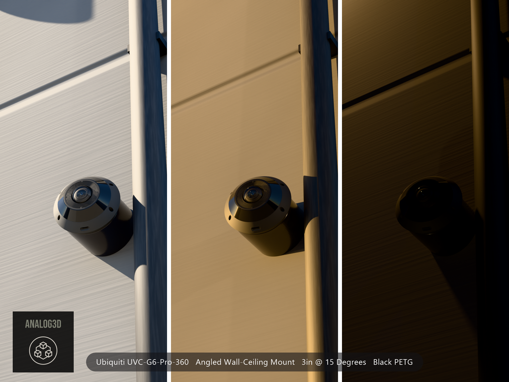 UniFi G6 Pro 360 angled wall-ceiling mount - Black PETG - 3 in - concrete wall with drain pipe, day / golden hour / night