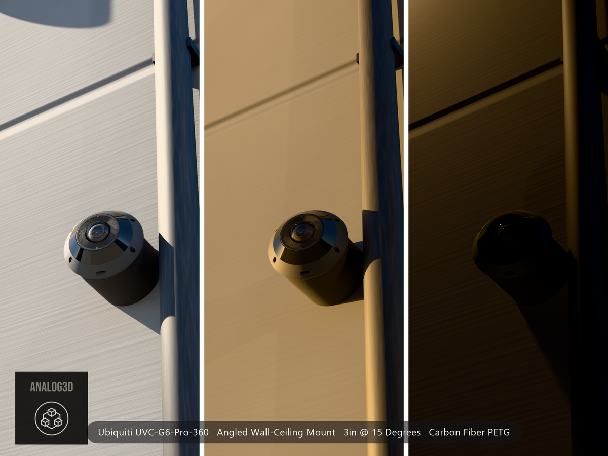UniFi G6 Pro 360 angled wall-ceiling mount - Carbon Fiber PETG - 3 in - concrete wall with drain pipe, day / golden hour / night