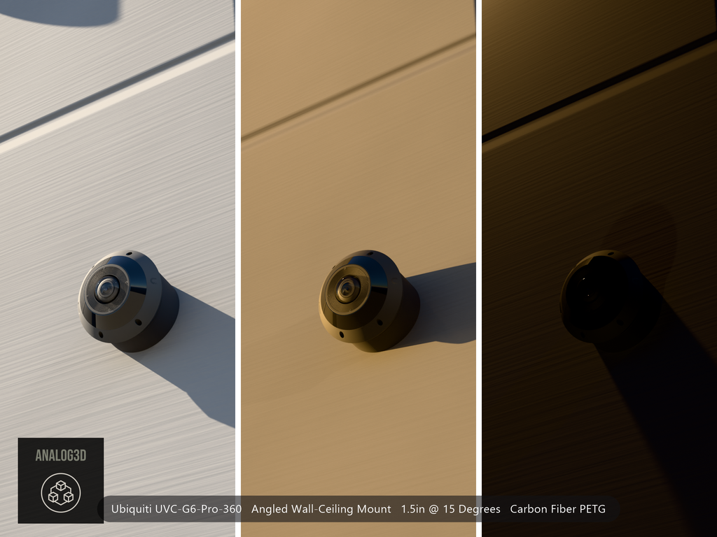 UniFi G6 Pro 360 angled wall-ceiling mount - Carbon Fiber PETG - 1.5 in - concrete wall, camera aimed down, day / golden hour / night