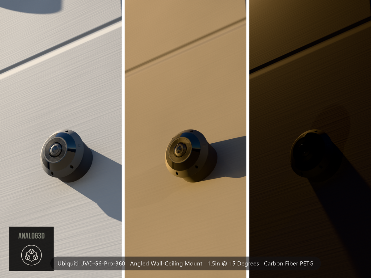 UniFi G6 Pro 360 angled wall-ceiling mount - Carbon Fiber PETG - 1.5 in - concrete wall, camera aimed down, day / golden hour / night