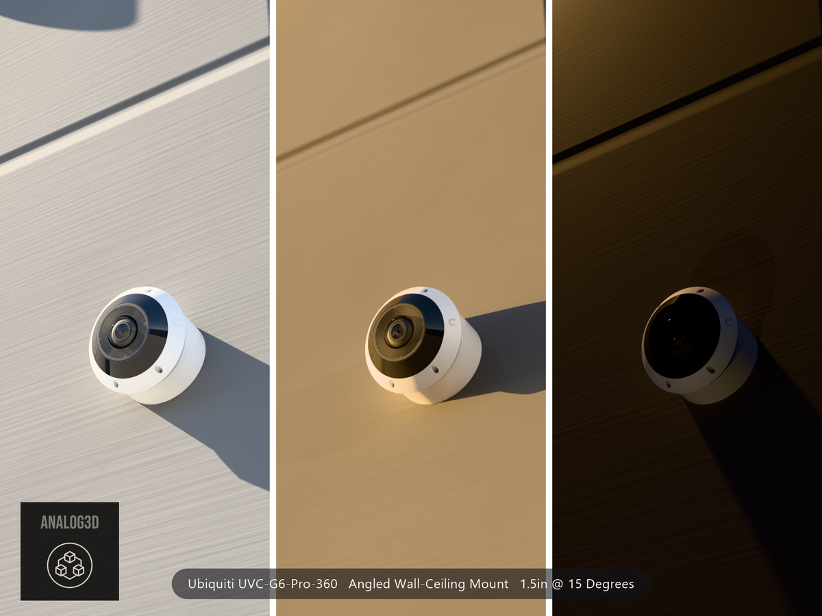 UniFi G6 Pro 360 angled wall-ceiling mount - White PETG - 1.5 in - concrete wall, camera aimed down, day / golden hour / night