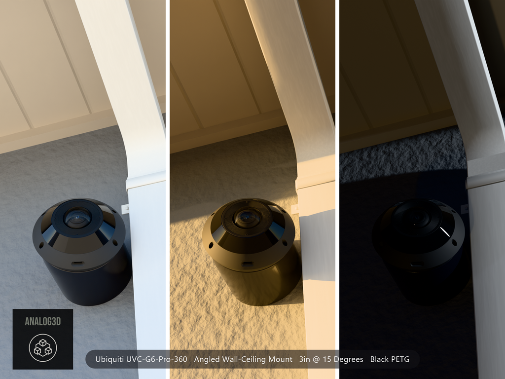 UniFi G6 Pro 360 angled wall-ceiling mount - Black PETG - 3 in - stucco wall with drain pipe, day / golden hour / night