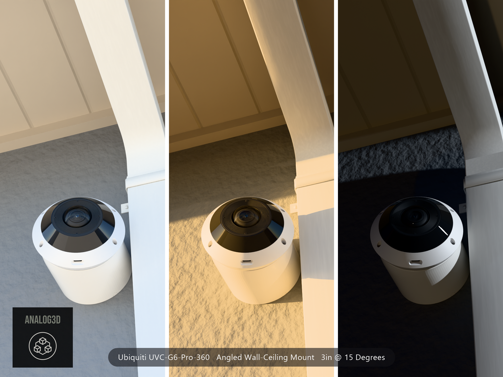 UniFi G6 Pro 360 angled wall-ceiling mount - White PETG - 3 in - stucco wall with drain pipe, day / golden hour / night