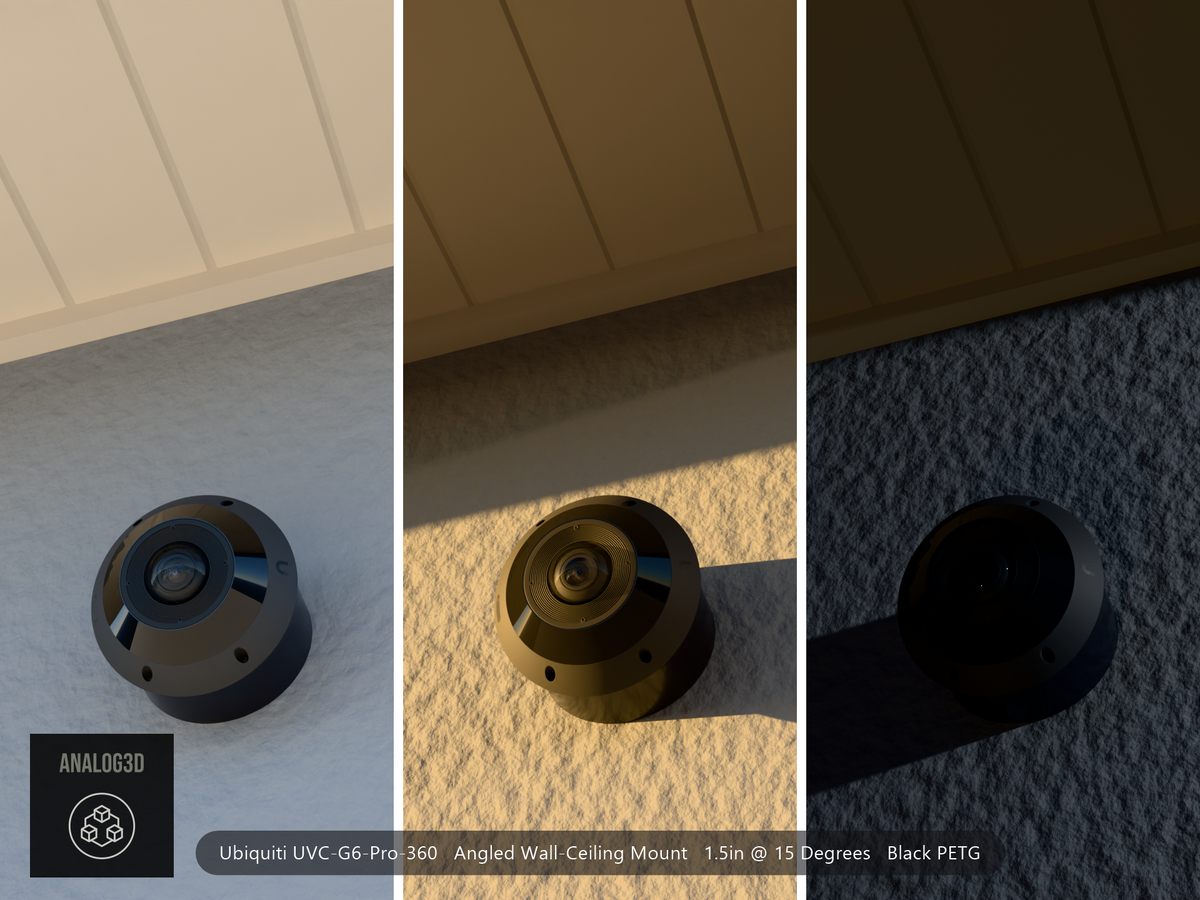 UniFi G6 Pro 360 angled wall-ceiling mount - Black PETG - 1.5 in - stucco wall, camera aimed down, day / golden hour / night