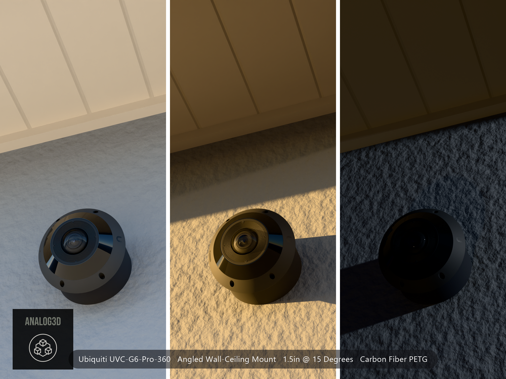 UniFi G6 Pro 360 angled wall-ceiling mount - Carbon Fiber PETG - 1.5 in - stucco wall, camera aimed down, day / golden hour / night
