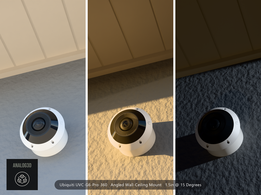 UniFi G6 Pro 360 angled wall-ceiling mount - White PETG - 1.5 in - stucco wall, camera aimed down, day / golden hour / night