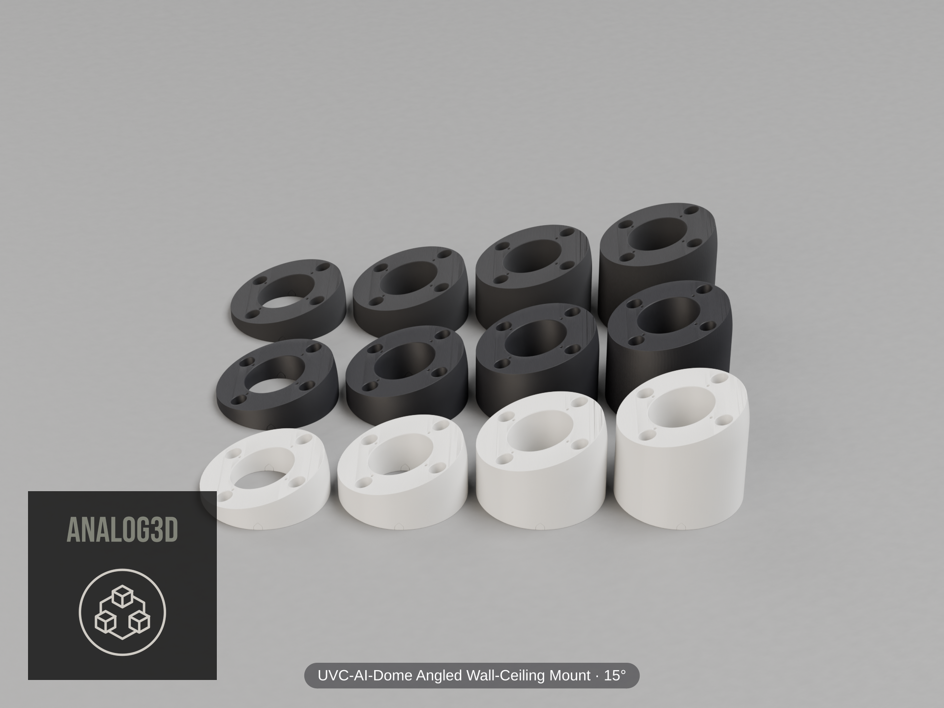 UVC-AI-Dome Angled Wall-Ceiling Mount — 15° — Short/Ex1/Ex2/Ex3 in white, carbon & black PETG