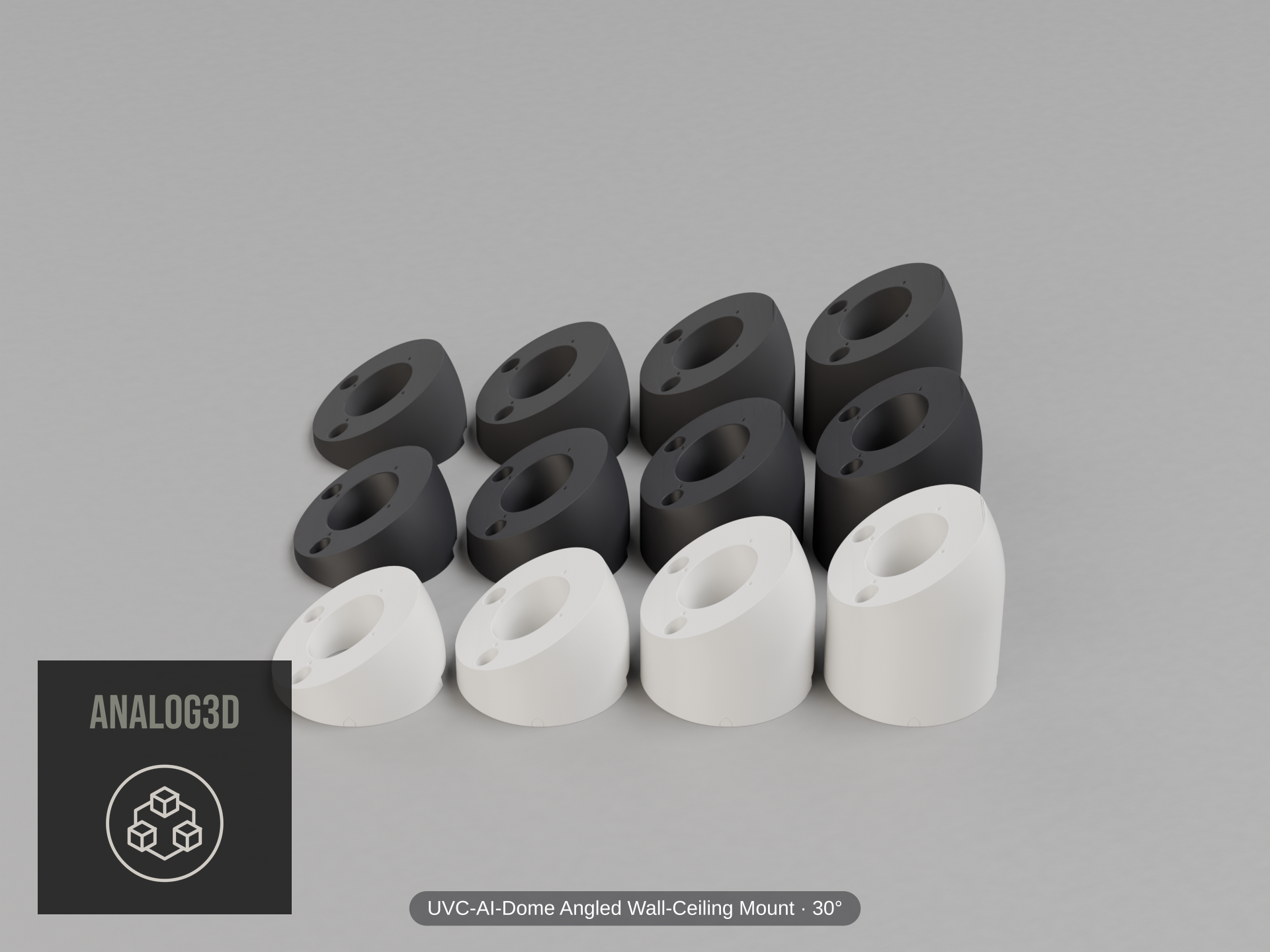 UVC-AI-Dome Angled Wall-Ceiling Mount — 30° — Short/Ex1/Ex2/Ex3 in white, carbon & black PETG