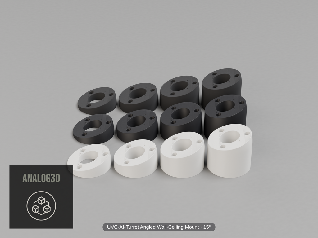 UVC-AI-Turret Angled Wall-Ceiling Mount — 15° — Short/Ex1/Ex2/Ex3 in white, carbon & black PETG