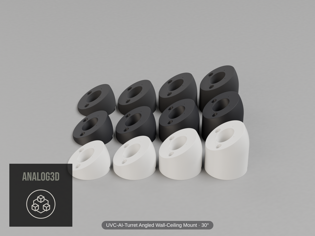 UVC-AI-Turret Angled Wall-Ceiling Mount — 30° — Short/Ex1/Ex2/Ex3 in white, carbon & black PETG