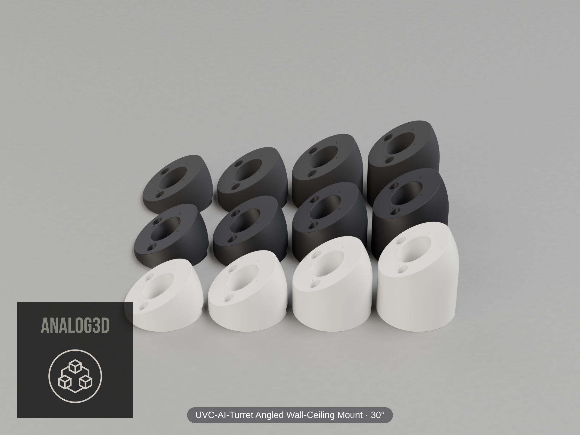 UVC-AI-Turret Angled Wall-Ceiling Mount — 30° — Short/Ex1/Ex2/Ex3 in white, carbon & black PETG