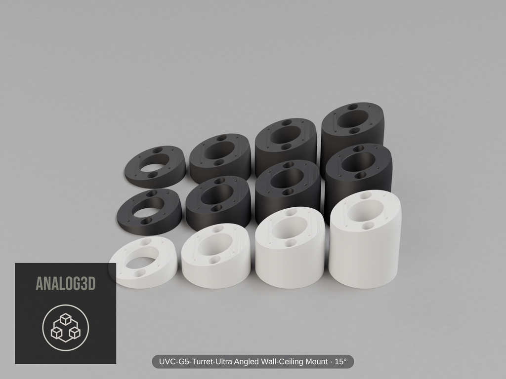 UVC-G5-Turret-Ultra Angled Wall-Ceiling Mount — 15° — Short/Ex1/Ex2/Ex3 in white, carbon & black PETG
