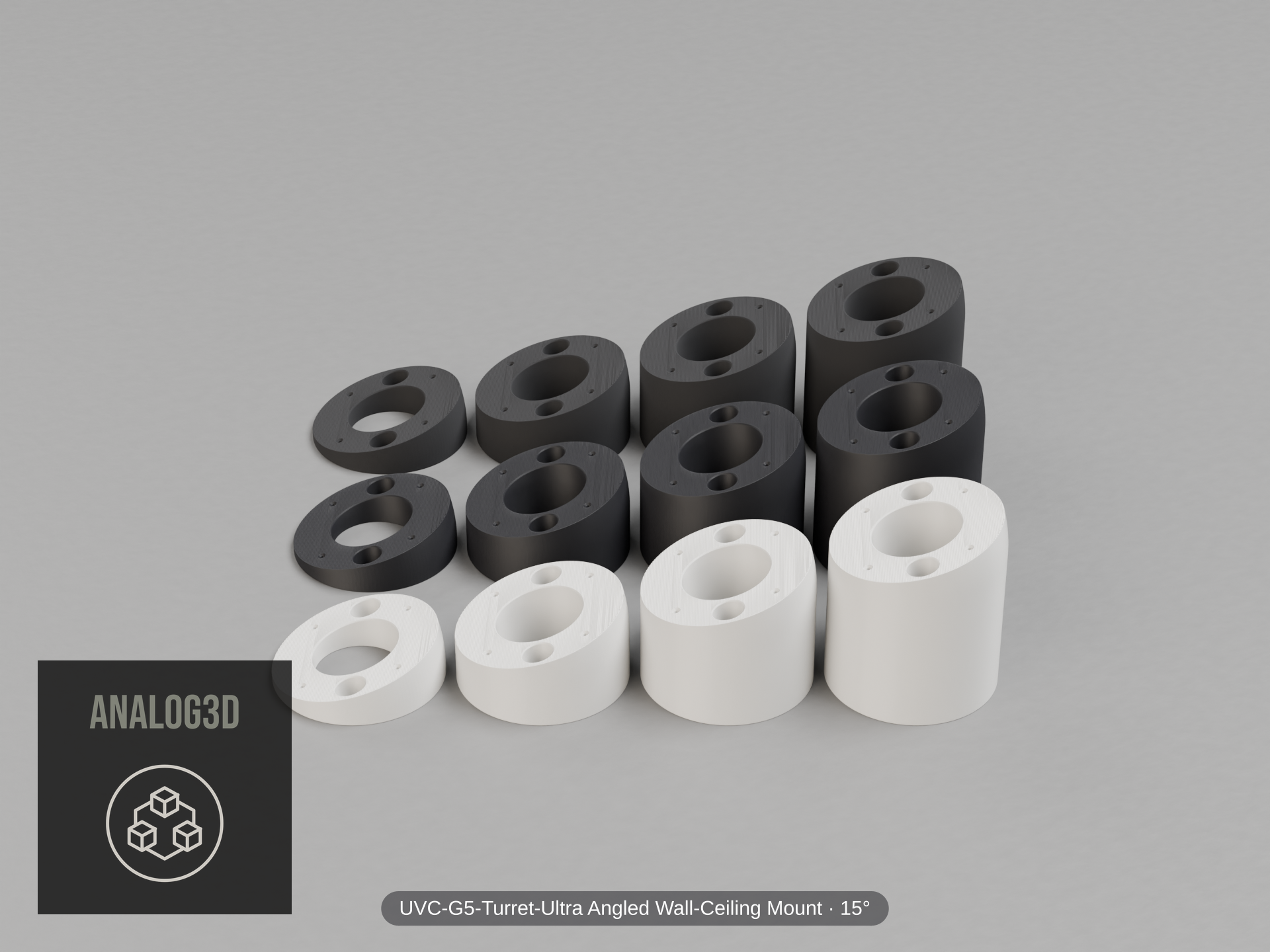UVC-G5-Turret-Ultra Angled Wall-Ceiling Mount — 15° — Short/Ex1/Ex2/Ex3 in white, carbon & black PETG