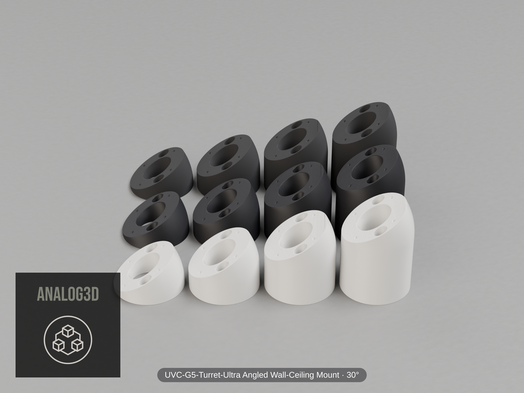 UVC-G5-Turret-Ultra Angled Wall-Ceiling Mount — 30° — Short/Ex1/Ex2/Ex3 in white, carbon & black PETG