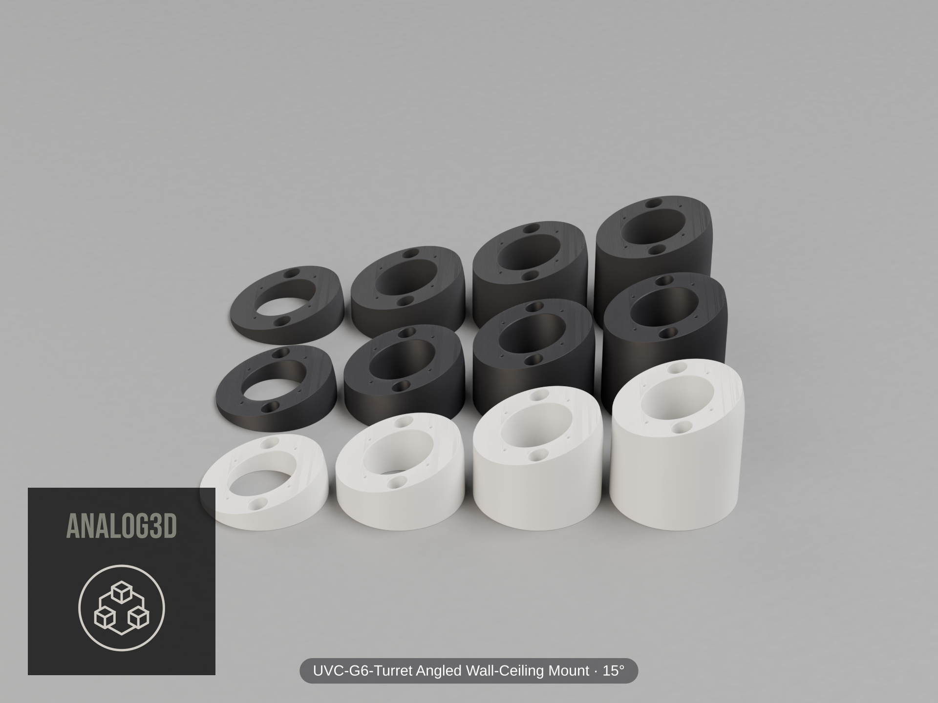 UVC-G6-Turret Angled Wall-Ceiling Mount — 15° — Short/Ex1/Ex2/Ex3 in white, carbon & black PETG