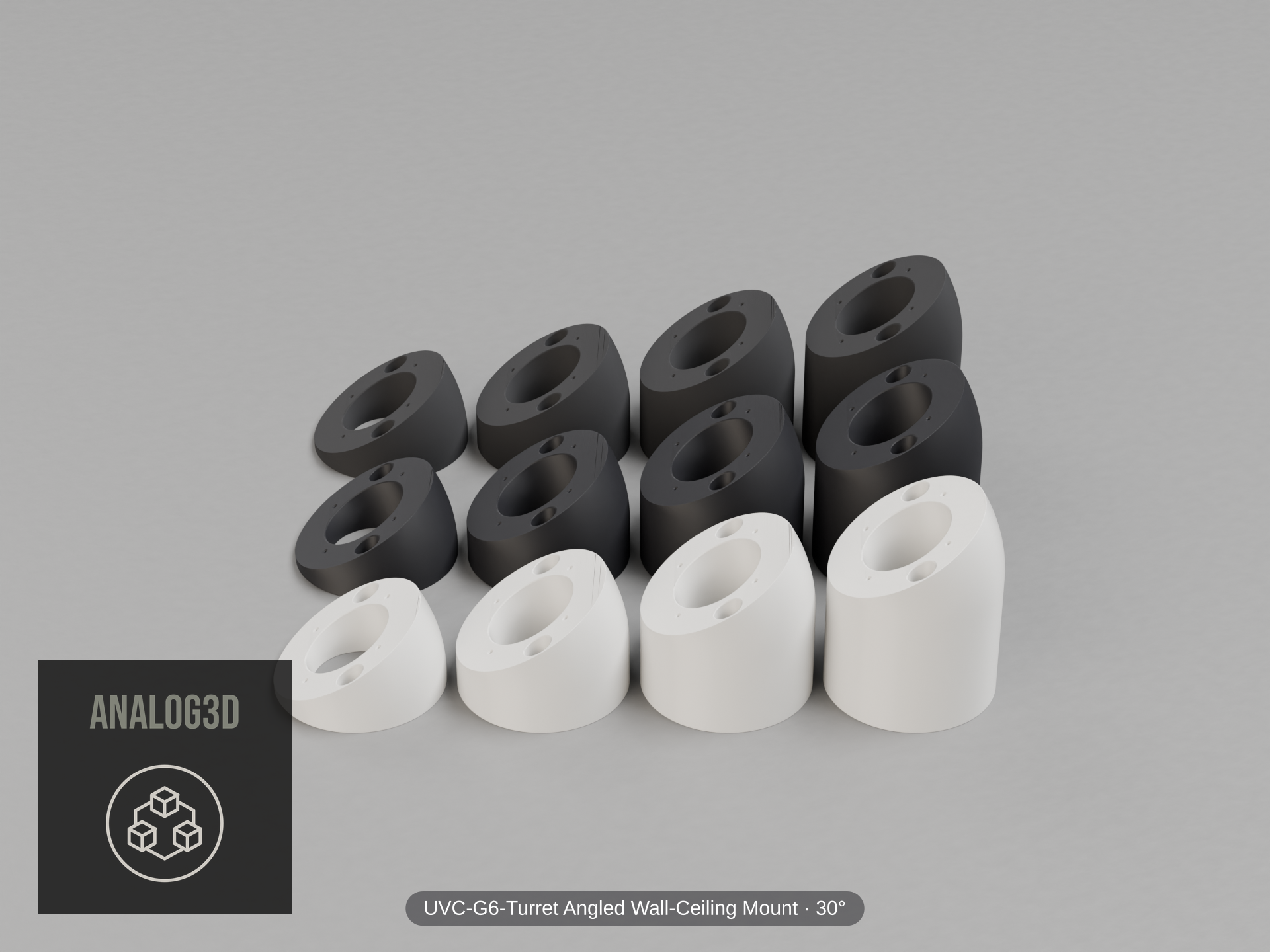 UVC-G6-Turret Angled Wall-Ceiling Mount — 30° — Short/Ex1/Ex2/Ex3 in white, carbon & black PETG