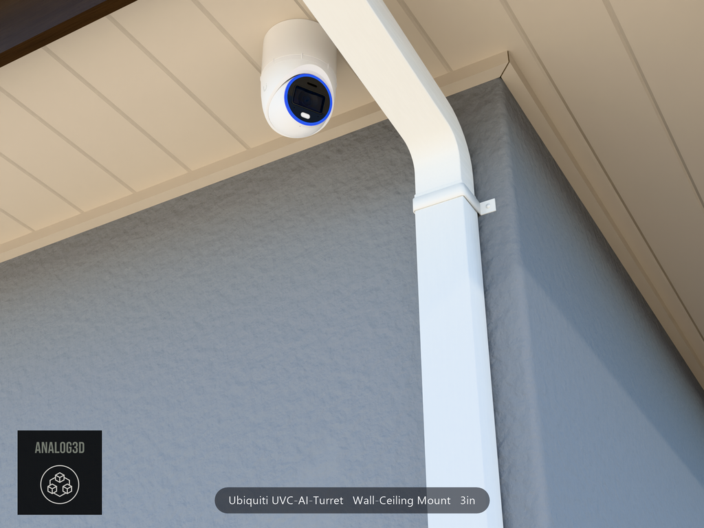 UVC-AI-Turret wall-ceiling mount (3in ext3) hung from the soffit beside a swan-neck downspout