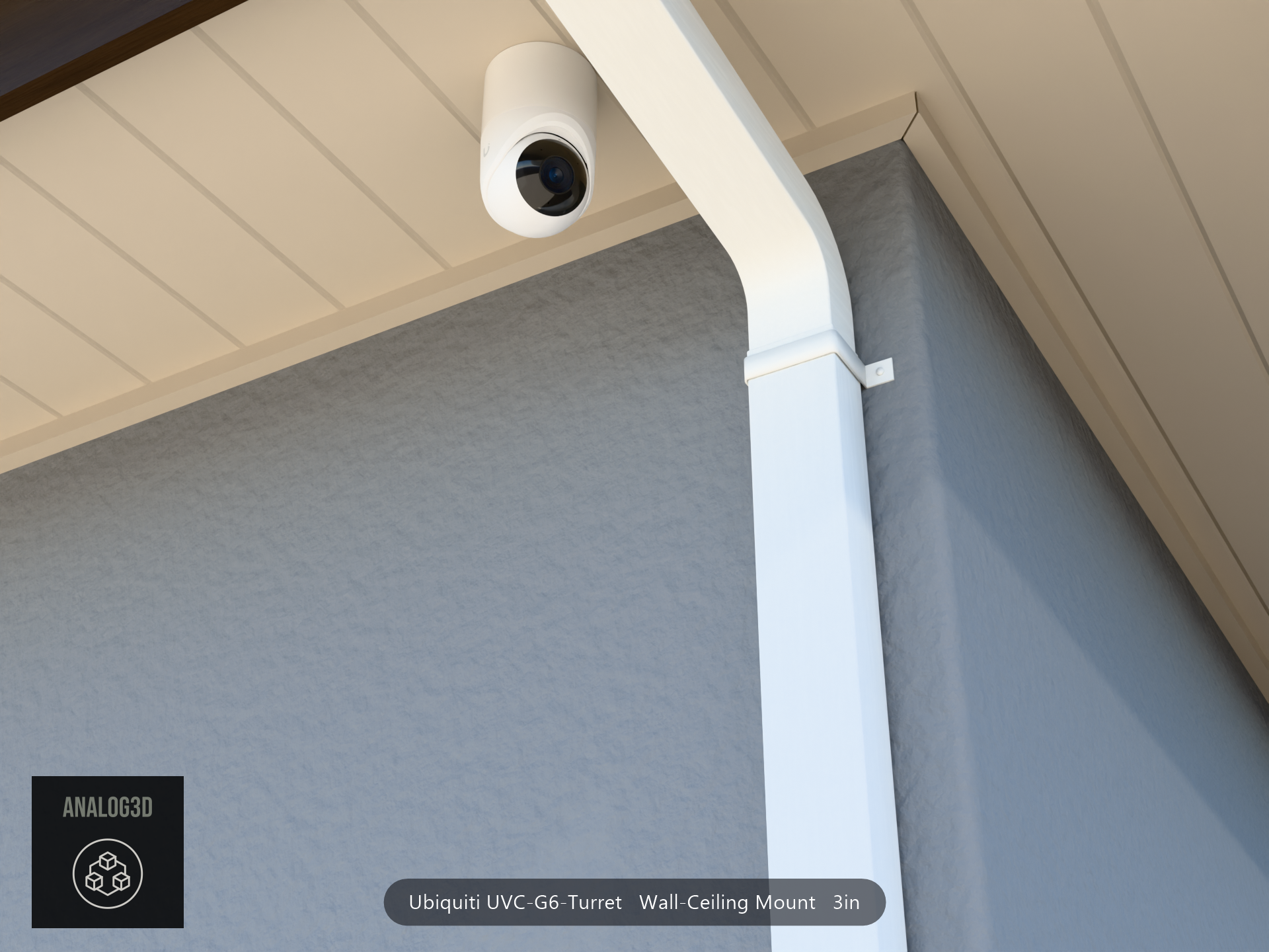 UVC-G6-Turret wall-ceiling mount (3in ext3) hung from the soffit beside a swan-neck downspout